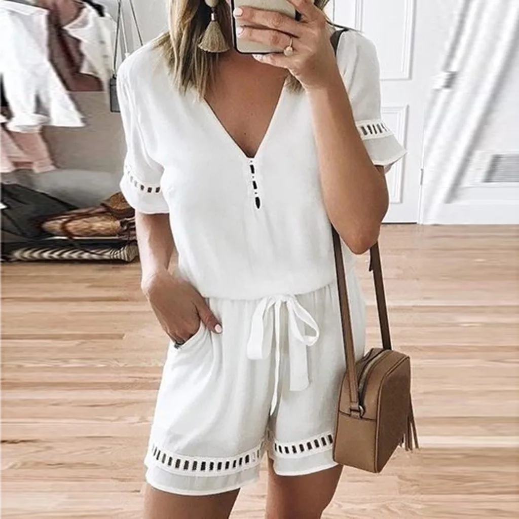 

Casual Lace Patchwork rompers womens jumpsuit summer rompers womens jumpsuit short V-Neck Short Sleeve Romper with Pockets