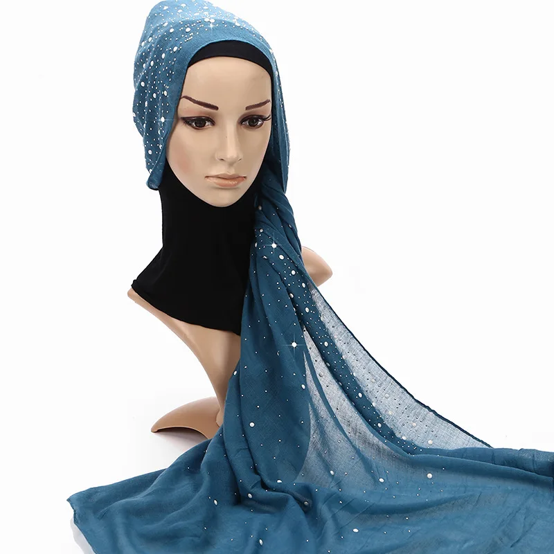 

Wholesale Fashionable Pearl Starry Scarf Head Wrap Cotton Muslim Hijabs Long Shawl Turban Oversized Headscarf Stole 75*180cm