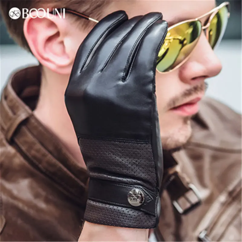 BOOUNI, мужские перчатки из натуральной кожи, дышащие, с отверстиями, с поясом, зимние, плюс бархат, тепловые, морозостойкие, для вождения, овчина, перчатки NM770 - Цвет: Черный