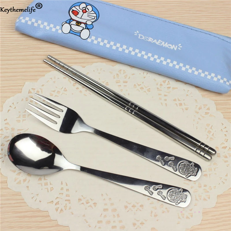 

Cartoon Hello Kitty Doraemon Stainless Steel Travel Dinnerware Set Tableware Cutlery Spoon Fork Chopsticks Set For Kids 2D