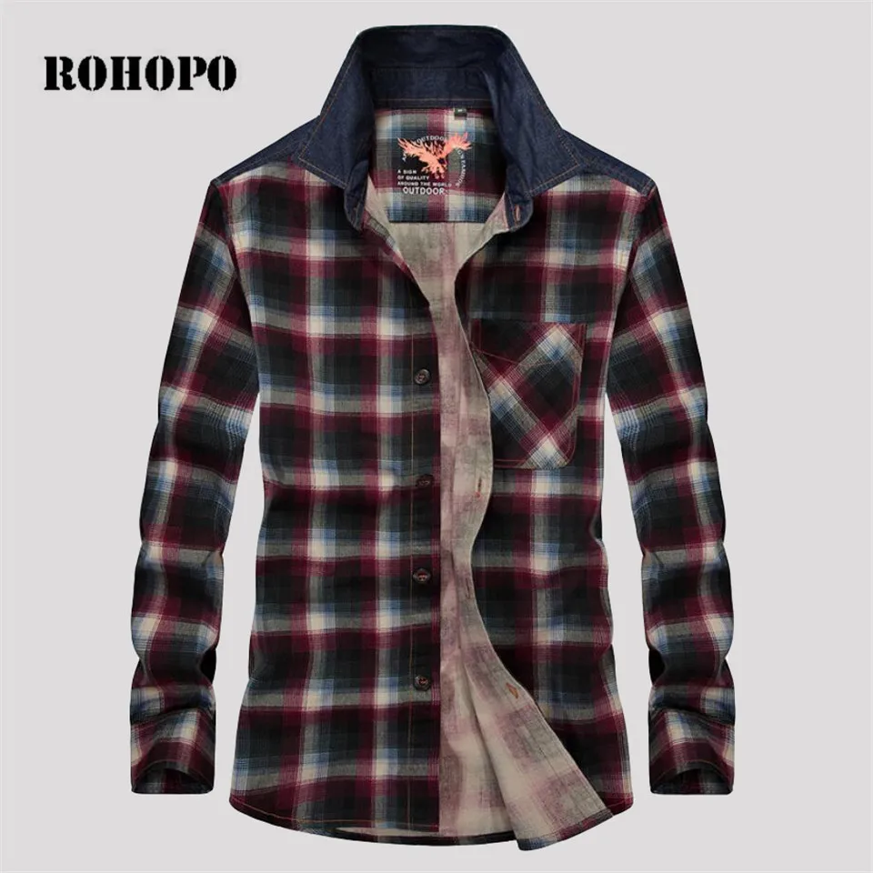 

ROHOPO Thick Cotton Spring Man Long Sleeve Casual Military Plaid Shirt,Wide Waist Breathable Fashion Loose power Army Shirts Men
