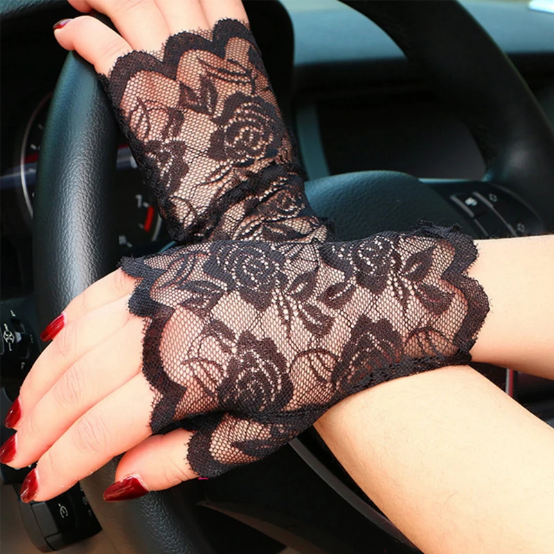 Короткие перчатки для вождения с защитой от ультрафиолетовых лучей, белые черные кружевные перчатки без пальцев, кружевные аксессуары для невесты для женщин