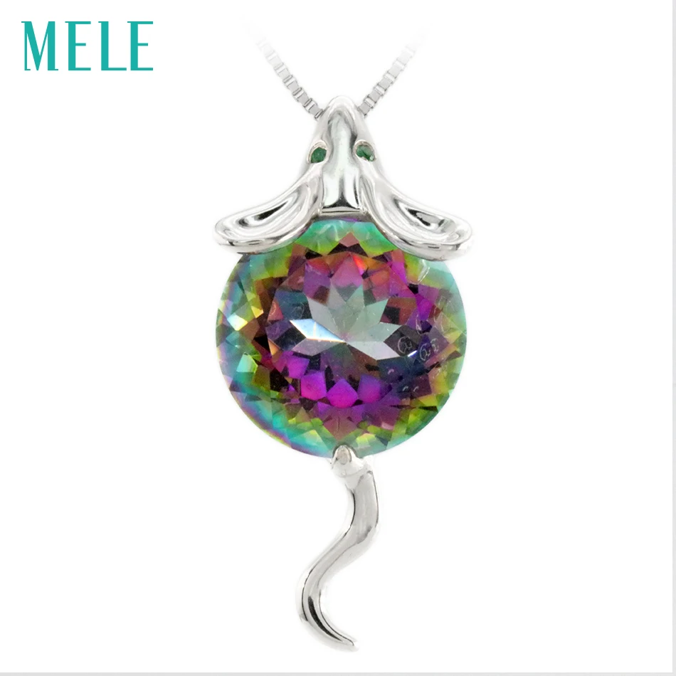 

Natural mystic quarts silver mouse pendant, big round 14mm, fashion animal pattern,joyas de plata 925, fine jewelry for women