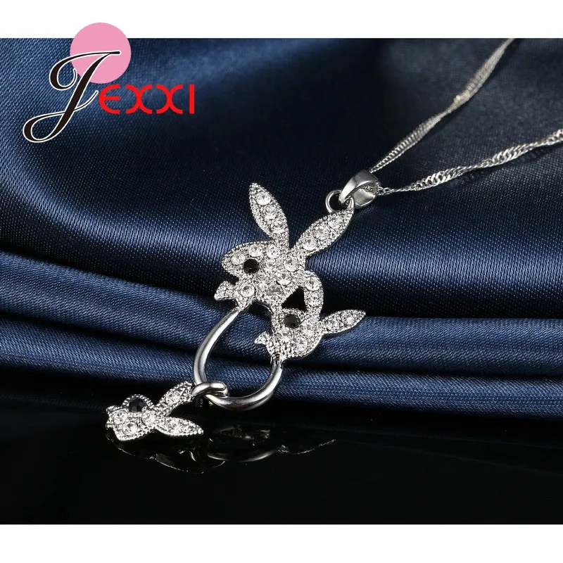 Изысканный 925 пробы серебро комплект из сережек и ожерелья Jewelry Для женщин женские вечерние модные прекрасный сладкий кролик ювелирные