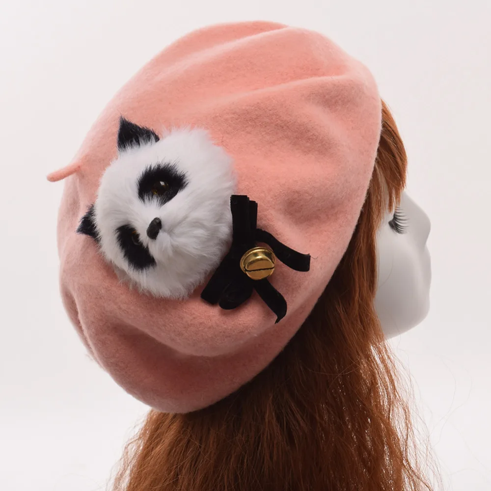 

1pc Girls Winter Cute White Beret Lolita Panda/Cat Patten Bow Pendant Hat