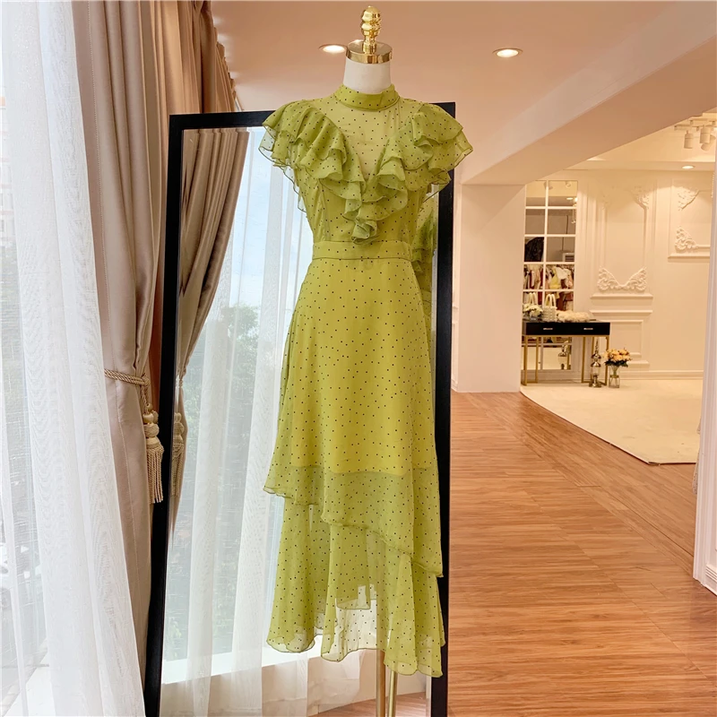 

GETSRING Women Dress Lotus Dress Long Summer Chiffon Dress 2019 New Vintage Holiday Dot Romantic