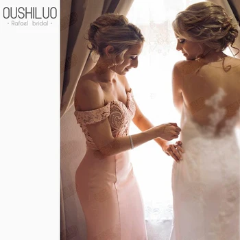 

Pink Satin Mermaid Bridesmaid Dress Lace Top Off Shoulder Sweetheart Sheer Back Skirt Trumpet Wedding Guest Dresses Customized