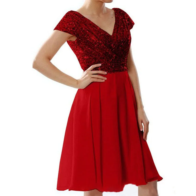 Women V-Neck Sequin Knee-Length Wedding Evening Party Ball Cocktail Dress | Женская одежда