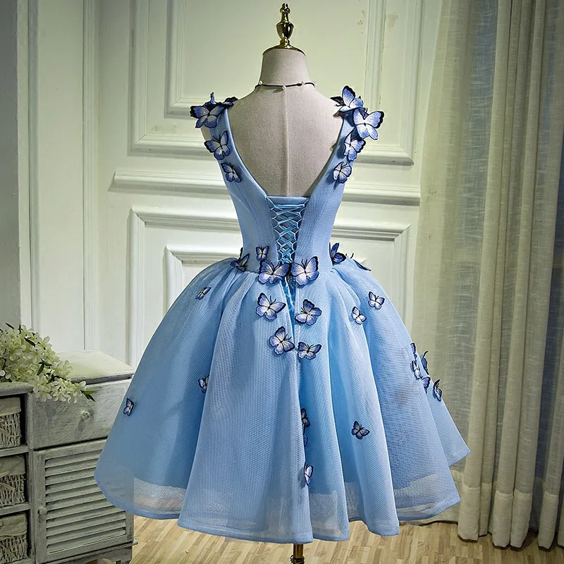 Вечернее платье с v-образным вырезом, короткое,, элегантное голубое небо, а-силуэт, шифоновое вечернее платье для женщин, короткий рукав, Robe De Soiree ES1187