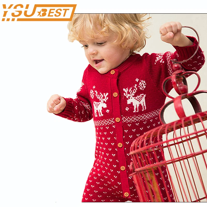

Christmas Baby Boys Girls Romper Reindeer Knitted Newborn Jumpsuit Winter Kids Costume Long Sleeve Pajamas Overalls For Children