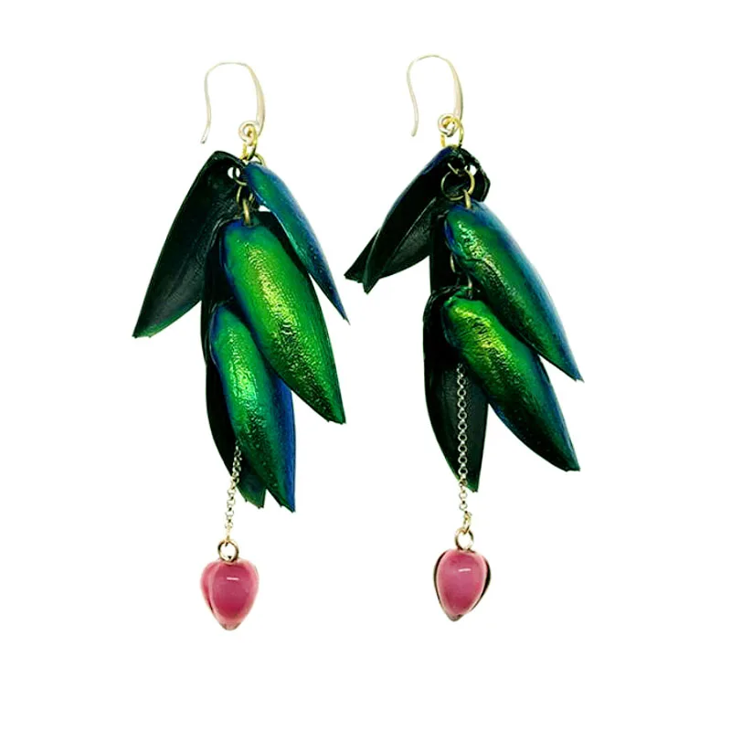 

CSxjd Vintage Fashion Thailand Natural insect Wings Green Iridescence Coloured glaze Tassels Earrings For Women 2018 New