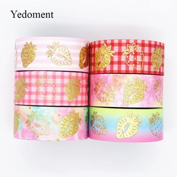 

10 Yards Grosgrain Ribbon Gold Strawberry Printed Ribbon 1" 25MM For Hair Bows DIY Crafts Handmade Accessories M19051401