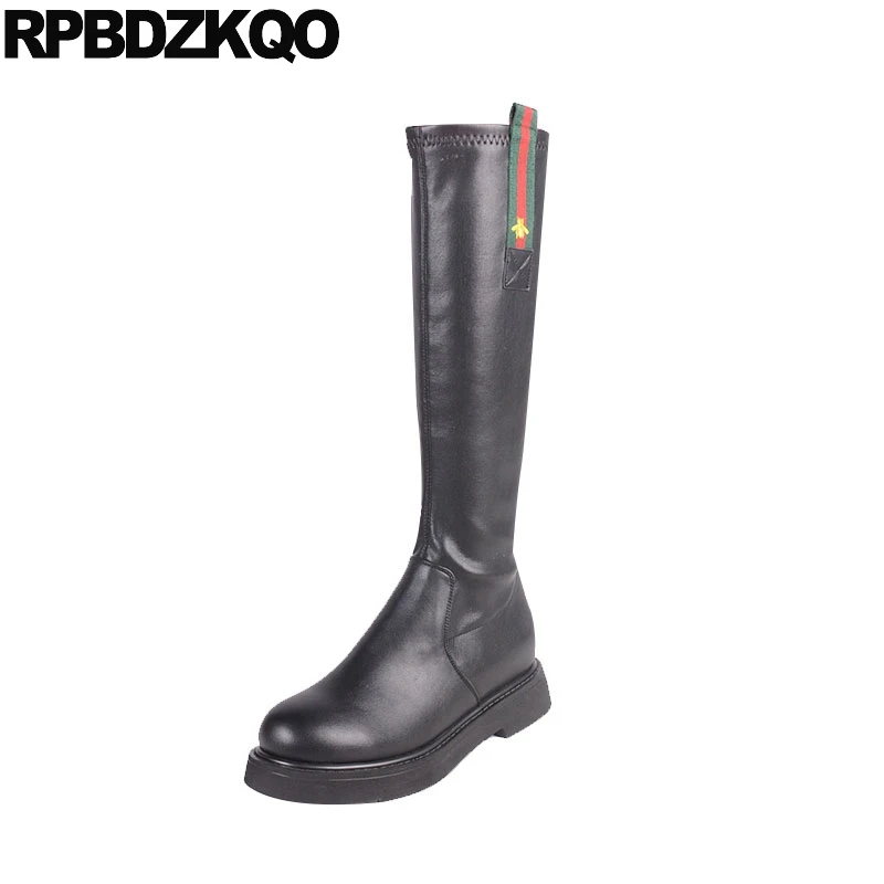 

platform flat female round toe slim black riding slip on fashion shoes knee high equestrian fur women boots winter 2018 designer