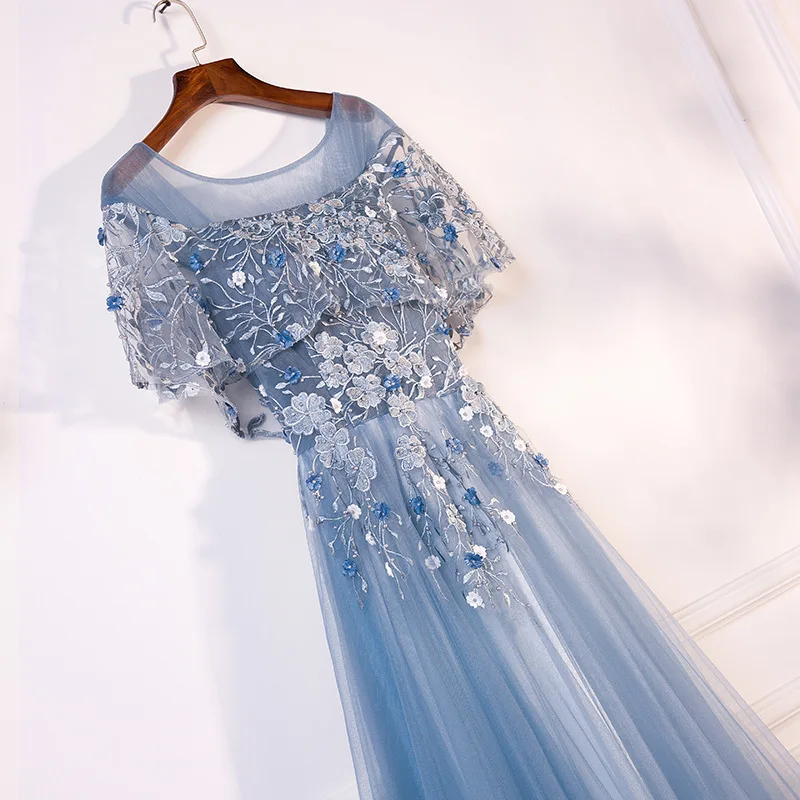 PotN'Patio Evening Dresses Long 2018 New O-neck With Jacket Luxury Appliques Flower Tulle Formal Evening Gown