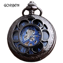 Антикварные Механические карманные часы в ретро стиле с каркасом, полностью охотничьи синие римские цифры, металлические карманные часы