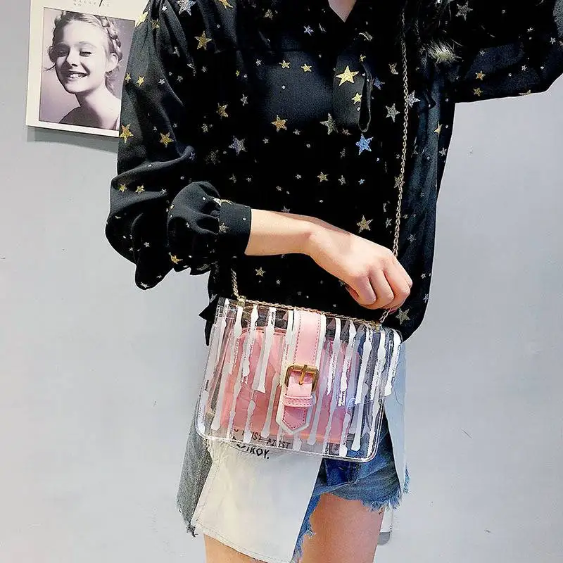 

MoneRffi Striped Clear Transparent PVC Women Messenger Crossbody Bag Chain Candy Color Jelly Summer Beach Bag Women Handbag 2019
