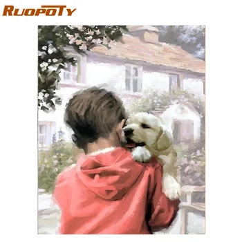 

RUOPOTY Frame Boy And Dog DIY Painting By Numbers Modern Wall Art Picture Unique Gift For Home Decor Calligraphy Painting Arts