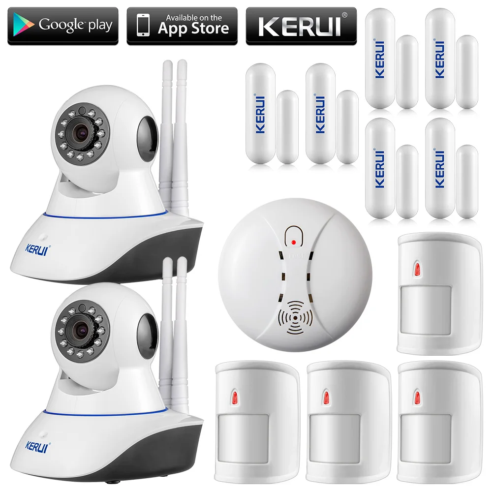 KERUI 720P WiFi IP Camera Home Office Burglar Alarm System Anti-pet Motion Detector door gap Sensors Kit +wireless fire detector