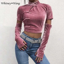 WHITNEY WANG Осенняя модная уличная одежда в китайском стиле с пуговицами, с вырезами, с коротким бархатом, женская футболка, топы