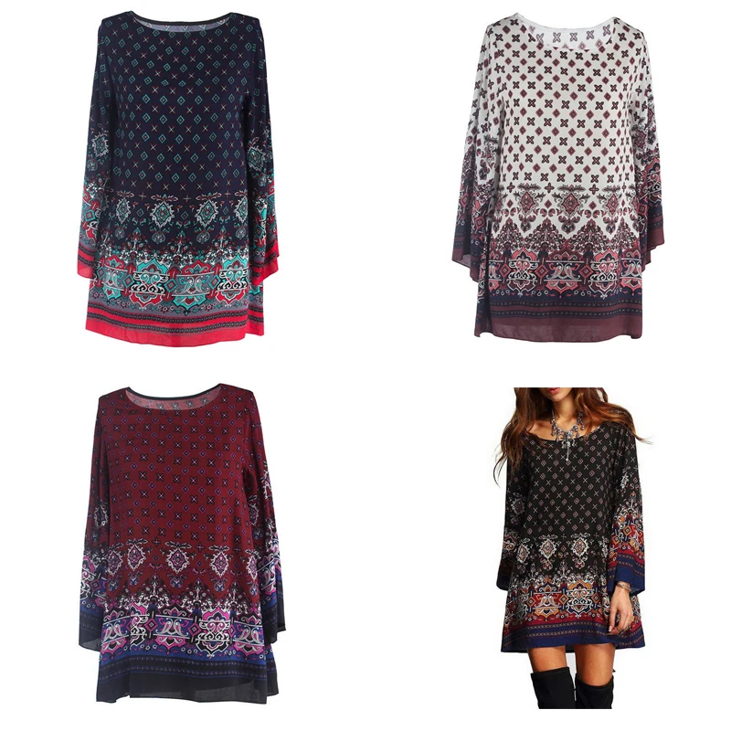 

LASPERAL Women Mini Dress Spring Long Sleeve O Neck Sundress Fashion Floral Print Patchwork Boho Short Dress Plus Size Vestidos