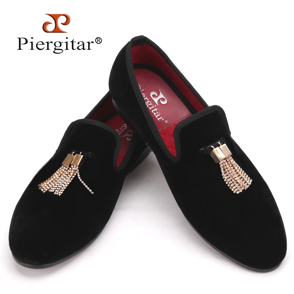 

Piergitar Handmade Men Velvet and Crystal Tassel Loafers Men Smoking Slippers Wedding and Party shoe Men Flats Size US 4-17
