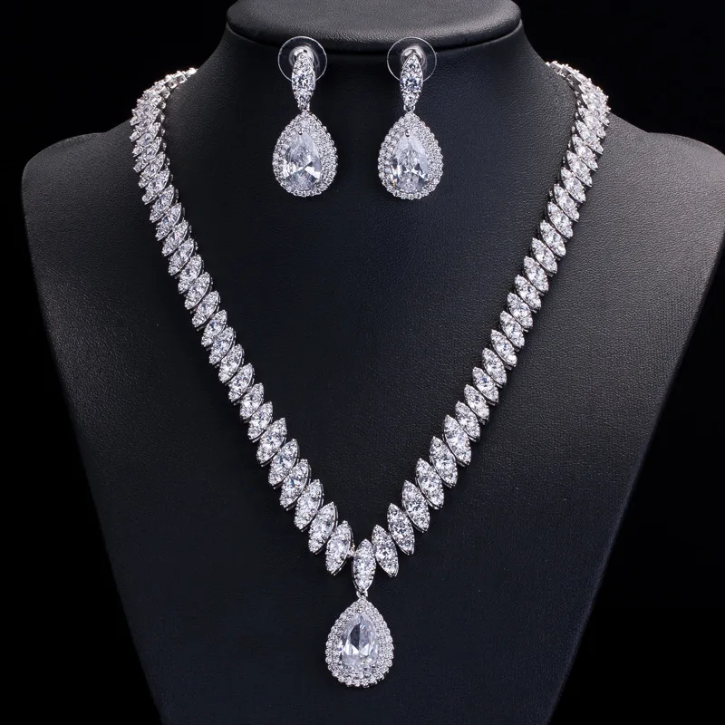 

High Quality Cubic Zirconia Wedding Necklace And Earrings Luxury Crystal Bridal Jewelry Sets For Bridesmaids