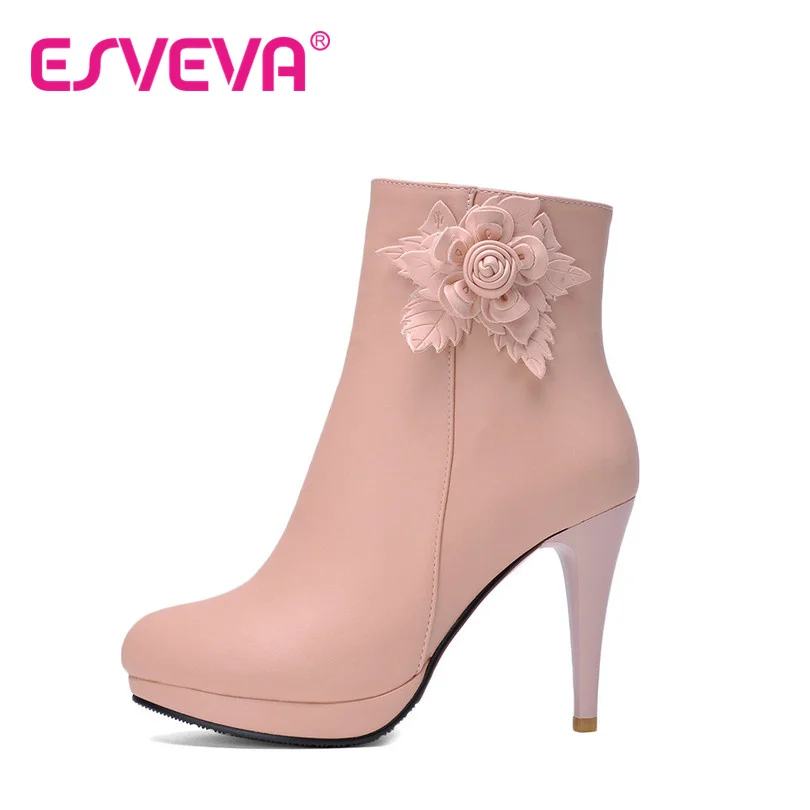

ESVEVA  thin high-heels  ankle boots zip pointed toe bow PU solid winter women boots size 35-43 pink white sky blue beige