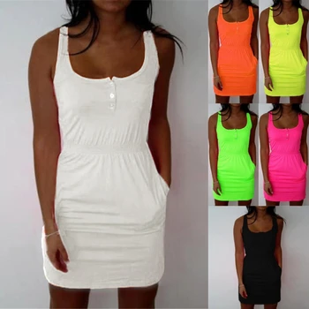2020 New Women Summer Sleeveless Mini Beach Dress Plus Size Club Wear Knee Length Bodycon Cotton Solid Short Dress pu leather panel plus size sleeveless bandage mini dress