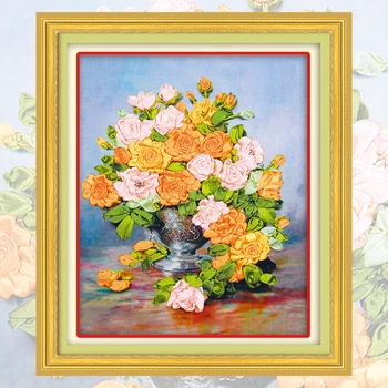 

Ribbons Embroidery Gold Flowers Decorative Canvas Painting Needlework Cross Stitch Kit DIY Sewing Crafts Home Decor C-0084