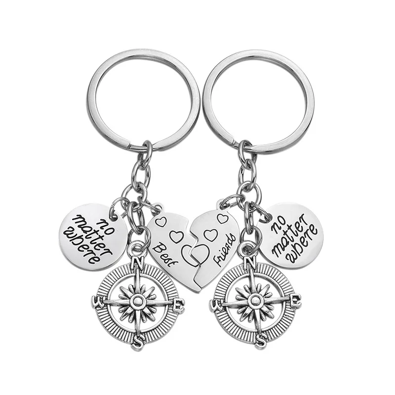 

Stainless Steel Broken Heart Friendship KeyChain Set Compass Charm Ring Key Chain Gift for Friend Key Holder