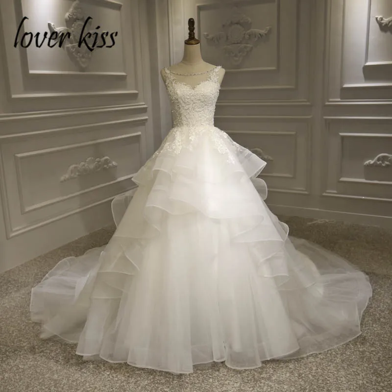 Lover Kiss Vestido De Noiva, сказочное гофрированное свадебное платье, кружевное платье принцессы, расшитое бисером, на бретельках, свадебные платья, торжественное платье de marie - Цвет: Слоновая кость