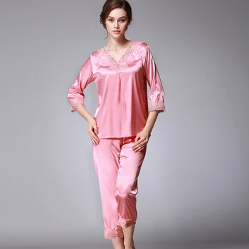 

SSH098 Brand New Women Pajama Sets 2017 Faux Silk Lady Pajamas Pant Solid Satin Pijamas Woman Lounge Sexy V-Neck Lace Nightwear