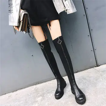 

NAYIDUYUN Thigh High Boots Womens Black Leather Knee High Booties Med Heel Tall Shaft Punk Platform Oxfords Chic Riding Boots