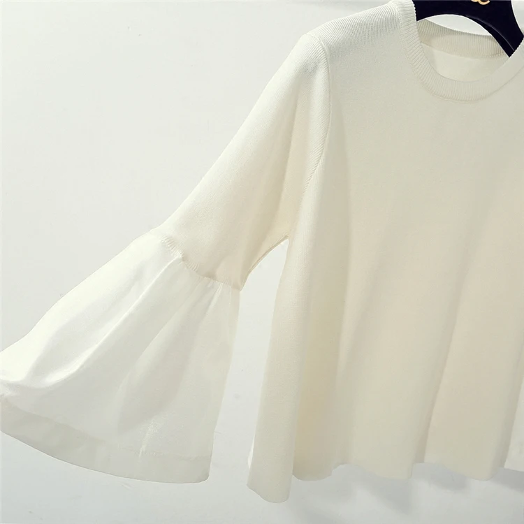 [ALPHALMODA] Babydoll, универсальный вязаный свитер с расклешенными рукавами, однотонный цвет, Женский Осенний Милый джемпер, Primery Bottom Sweater