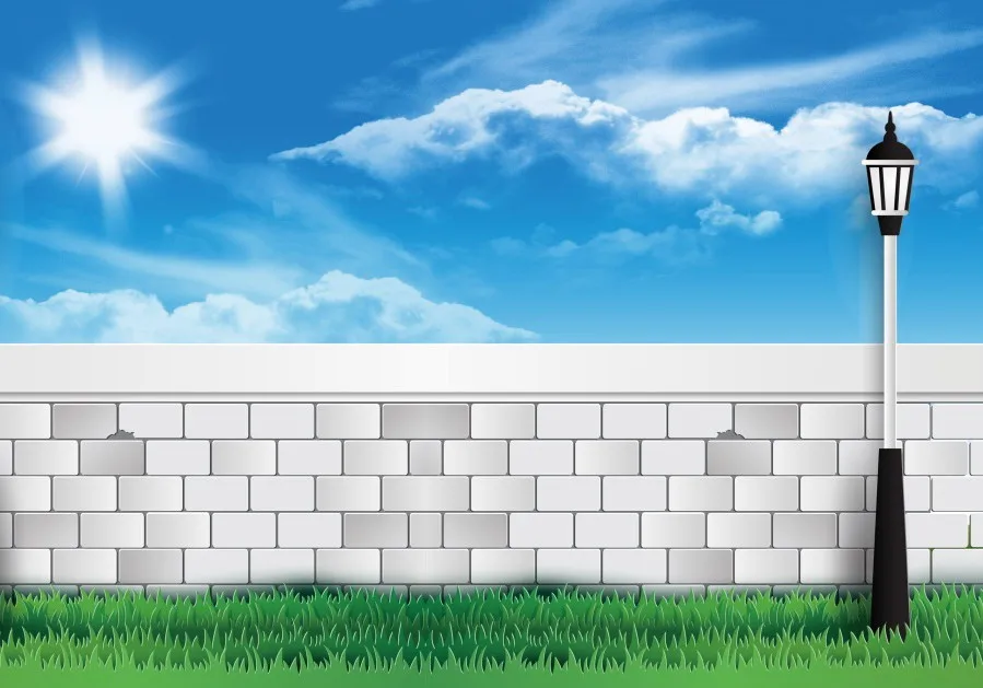 

Laeacco Photography Backdrops Cartoon Blue Sky Cloud Brick Wall Lantern Sun Grass Child Photo Backgrounds Photocall Photo Studio