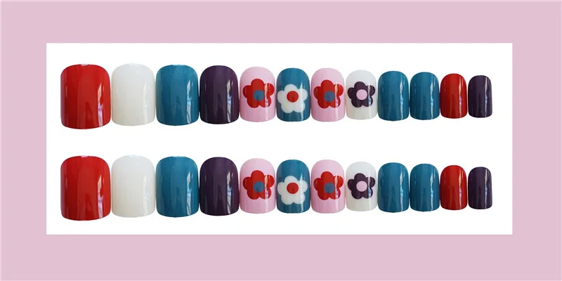 24 шт цветные накладные ногти с цветком, полное покрытие, искусственные накладные ногти, пресс на кончиках для ногтей, короткий дизайн ногтей с клеем, стикер