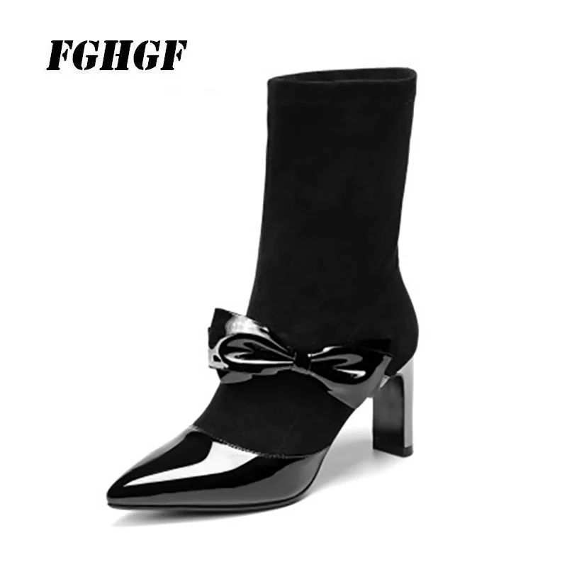 

In the spring and autumn Spandex boots The boots Patent leather pointed wine head thick heel high heel boots Bow-tied boots