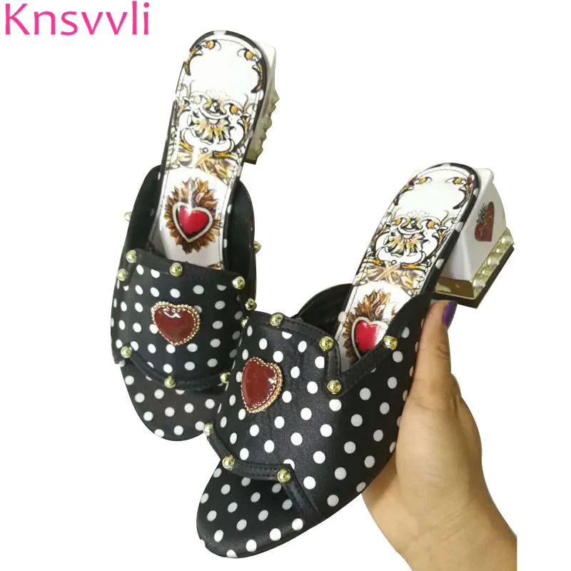 

Knsvvli Red Love Buckle Decor Chunky High Heels Slippers Women Polka Dot Peep Toe Summer Sandals Woman Rivets Med Heels Shoes