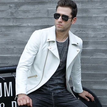 

2019 New Men's Locomotive Leather Jacket White Real leather short jacket First layer cowhide leather coat Genuine Leather
