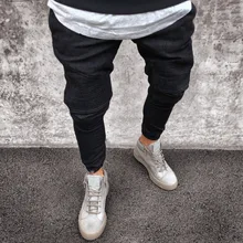 Men Distressed jeans pleated skinny biker trousers black blue jeans Denim Trousers For Male slim fit hip hop jeans men pant