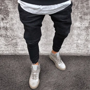

2019 Men Distressed jeans pleated skinny biker trousers black blue jeans Denim Trousers For Male slim fit hip hop jeans men pant