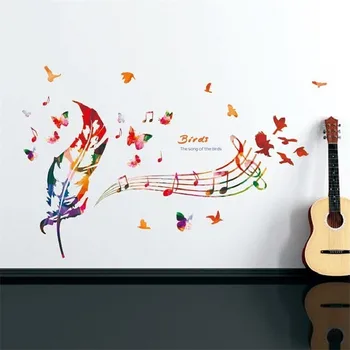 

Sale New Real Arrival The Song Of Birds Colorful Feather Music Wall Stickers Decal Removable Home Decoration Art Sticker