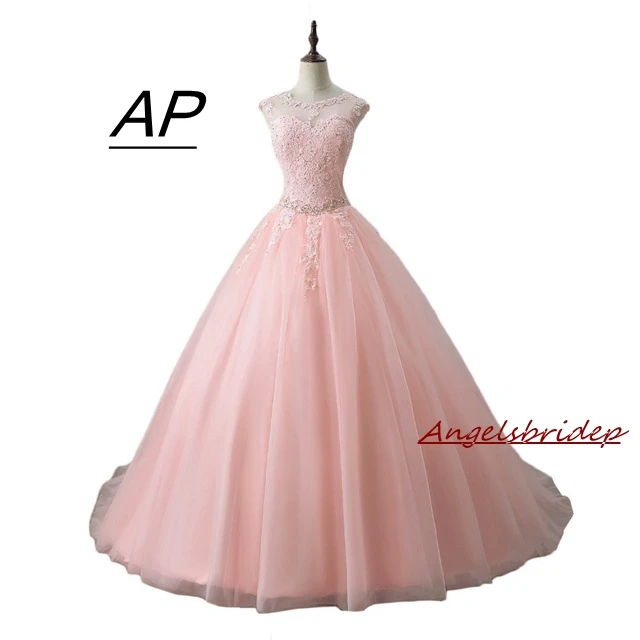

ANGELSBRIDEP Sweet 16 Pink Quinceanera Dress Debutante Gown Sexy Sheer Neck Applique Hollow Back 2019 Celebrity Party Gown