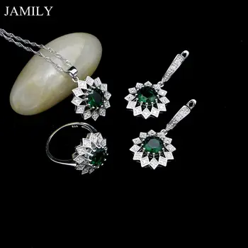 

JAMILY 925 Sterling Silver Wedding Jewelry Sets For Women Green Stone Earrings/Pendant/Ring/Necklace Decoration For Bridal