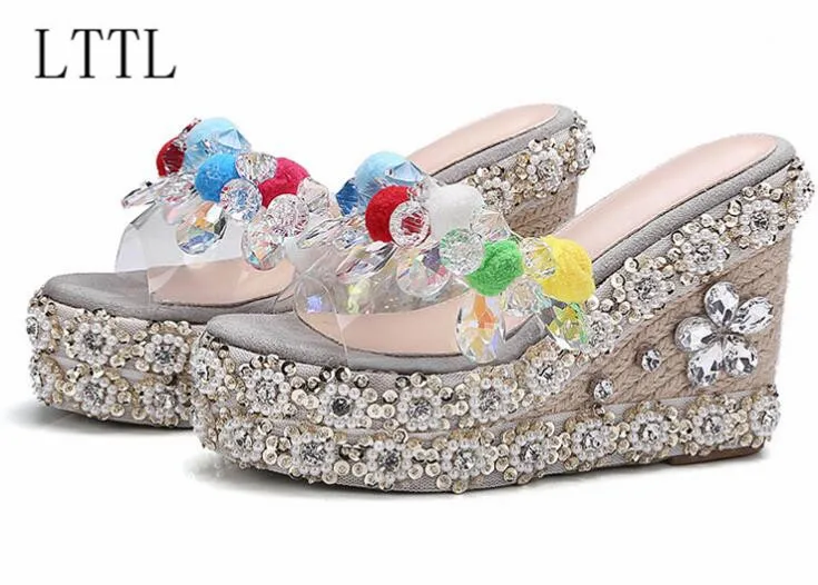 2017 PVC women slippers crystal wedges high heels shoes women fashion appliques women slippers outside summer pumps shoes women