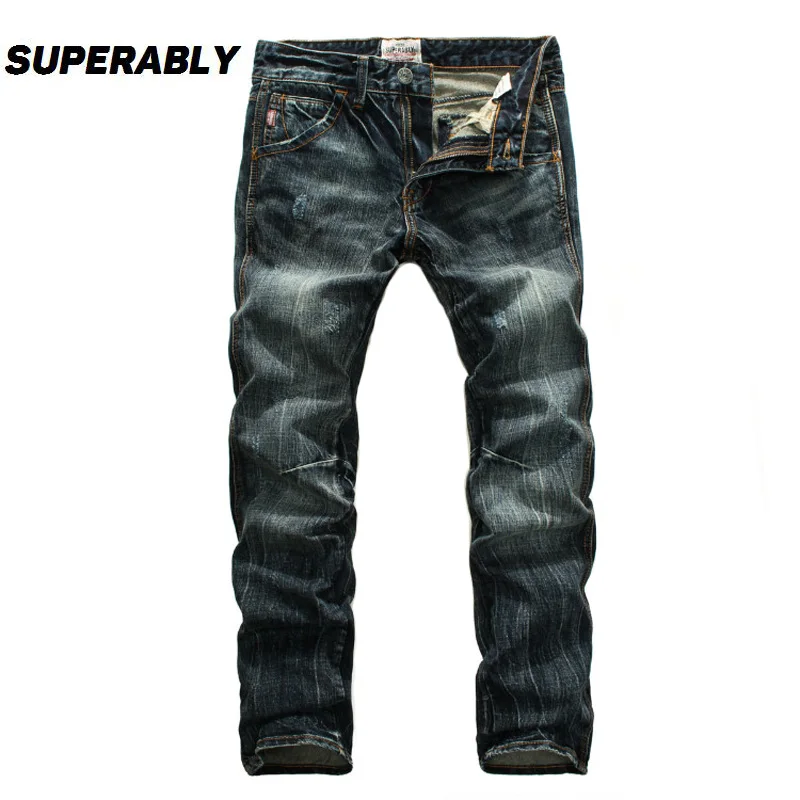 Koop Superably Merk Jeans Mannen Dark Kleur Zachte Denim Broek Stretch Straight Slim Fit Jeans Hoge Kwaliteit Katoen Ripped Jeans Homme