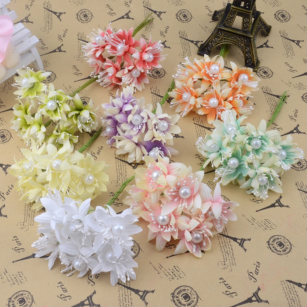 

6pcs Silk Chrysanthemum Large Pearls Artificial bouquet Wedding Home Decoration DIY Wreaths Gift Cut and paste Craft Fake Flower