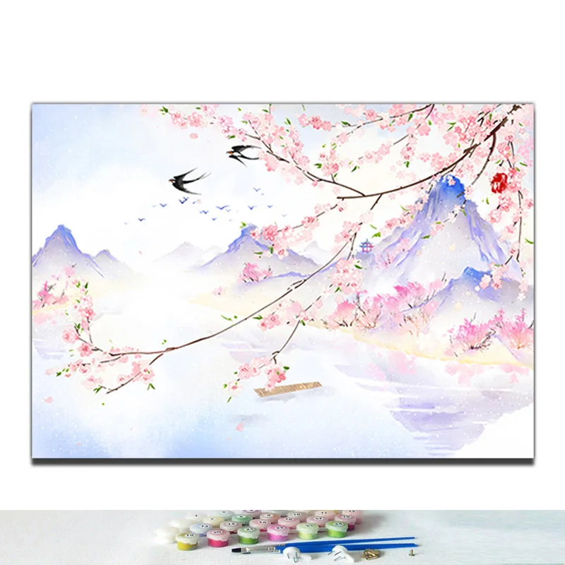 Diy краски по номерам Традиционный китайский стиль Пейзаж Цветы животные картины раскраска 40x50 в рамке - Цвет: 9205
