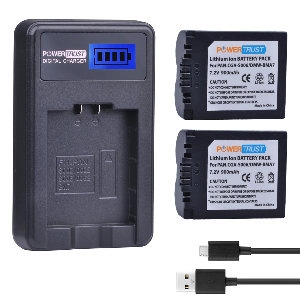 PowerTrus 2 шт. CGA-S006 CGR CGA S006E S006A S006 DMWBMA7 Батарея+ ЖК-дисплей USB Зарядное устройство для цифрового фотоаппарата Panasonic DMC FZ7 FZ8 FZ18 FZ28 FZ30 FZ35