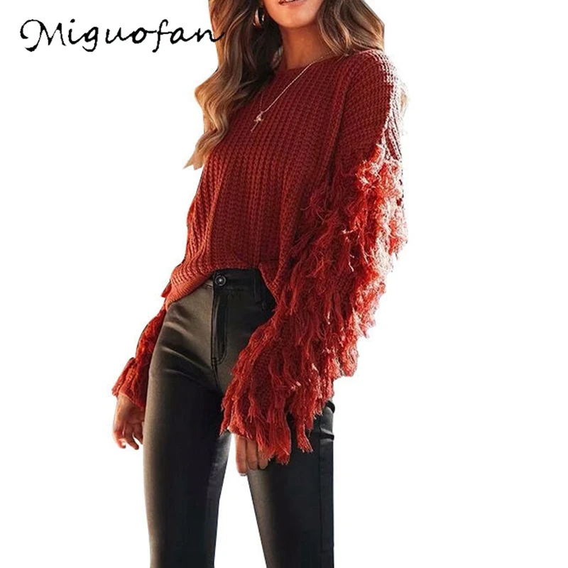 

Miguofan Tassel Knitted Sweater Women Jumpers Casual Solid Black Tops Streetwear Pullovers Sweaters Female 2019 Autumn Winter